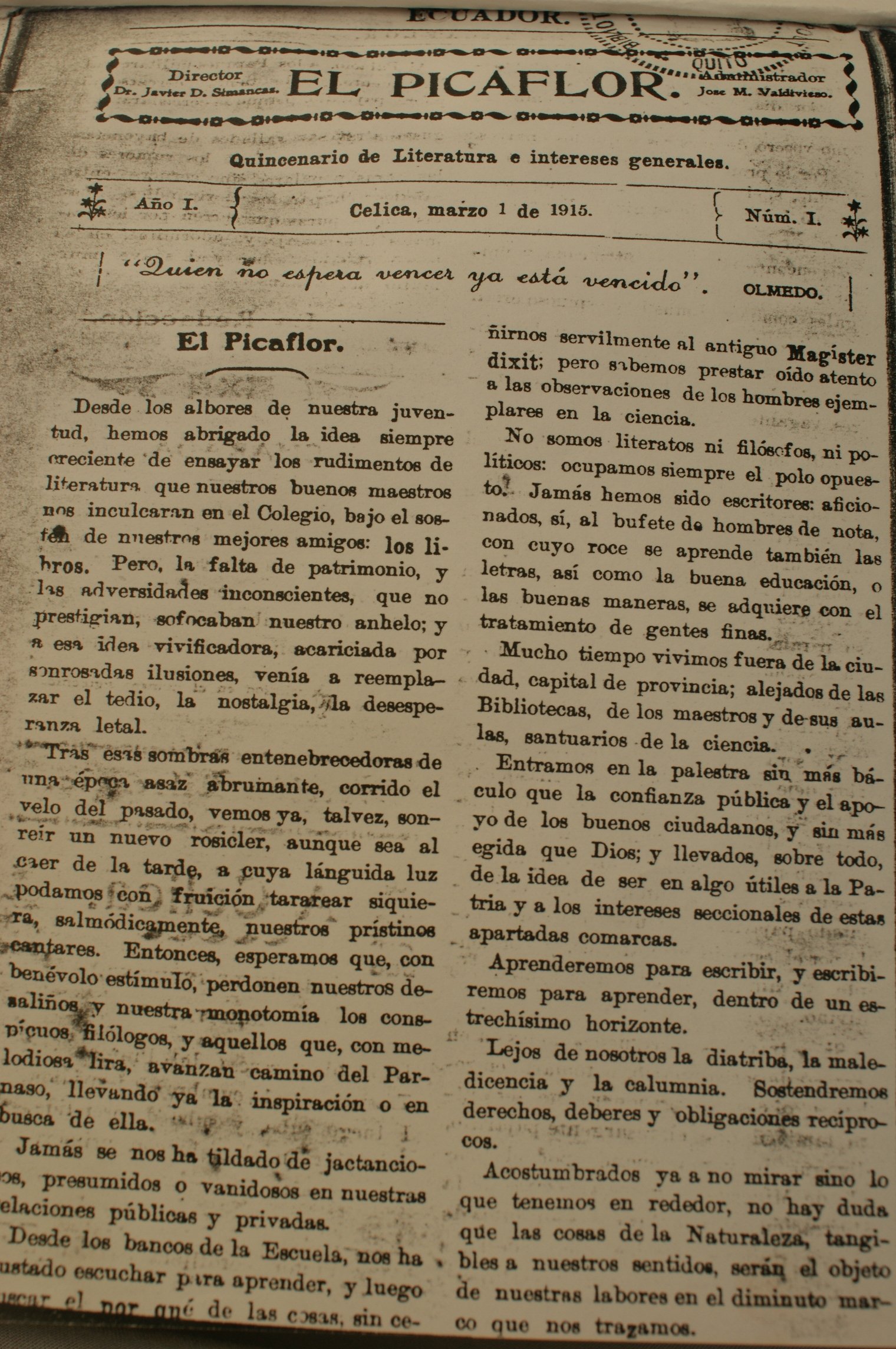 "EL PICAFLOR", PRIMER PERIODICO PROVINCIAL DE LOJA